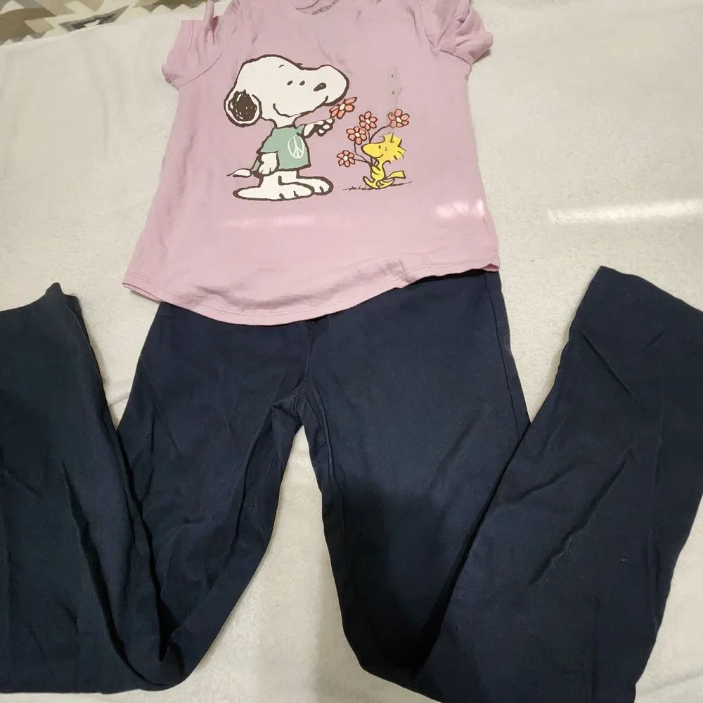 Izod Girls 2pcs Set Blue Pants And Pink Snoopy Top size large (10) . New